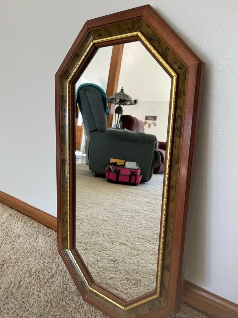 Octagonal Wood Wall Mirror with Gold Trim - Brown